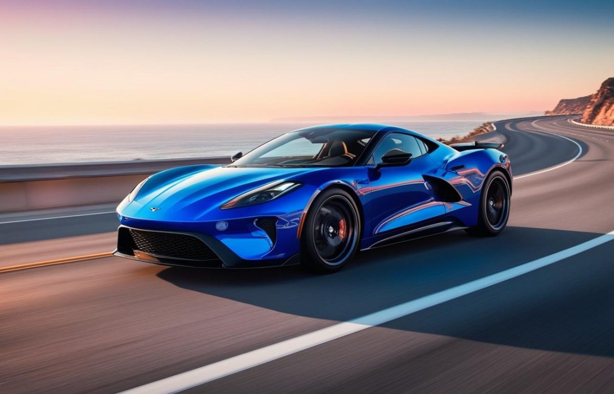 generate me a blue sports car in motion